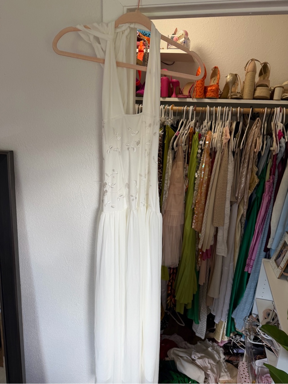 Drop waist lace White Halter Maxi Dress with Embroidered Bodice BRIDAL